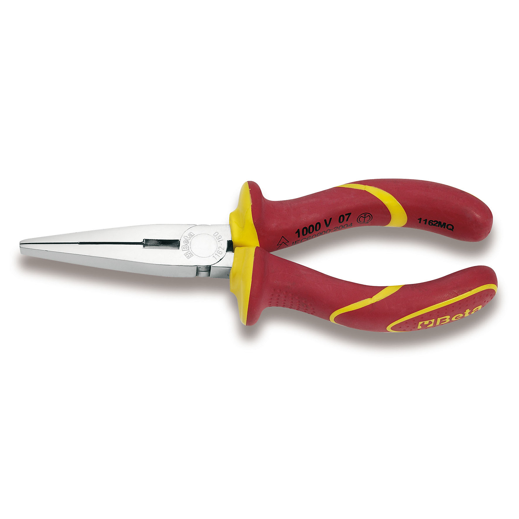 Beta Extra-Long Flat Knurled Needle Nose Pliers — 160mm OAL, Bi-Material Handles, Insulated, Model# 1162MQ 200